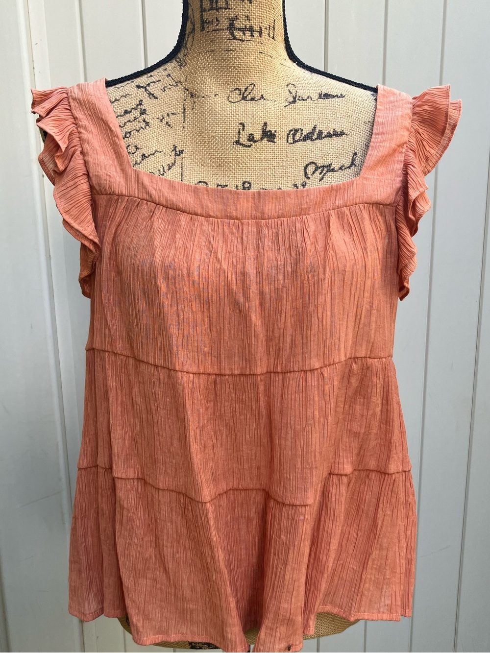 On Twelfth ruffle tiered top small coral sleeveless square neck flowy boho